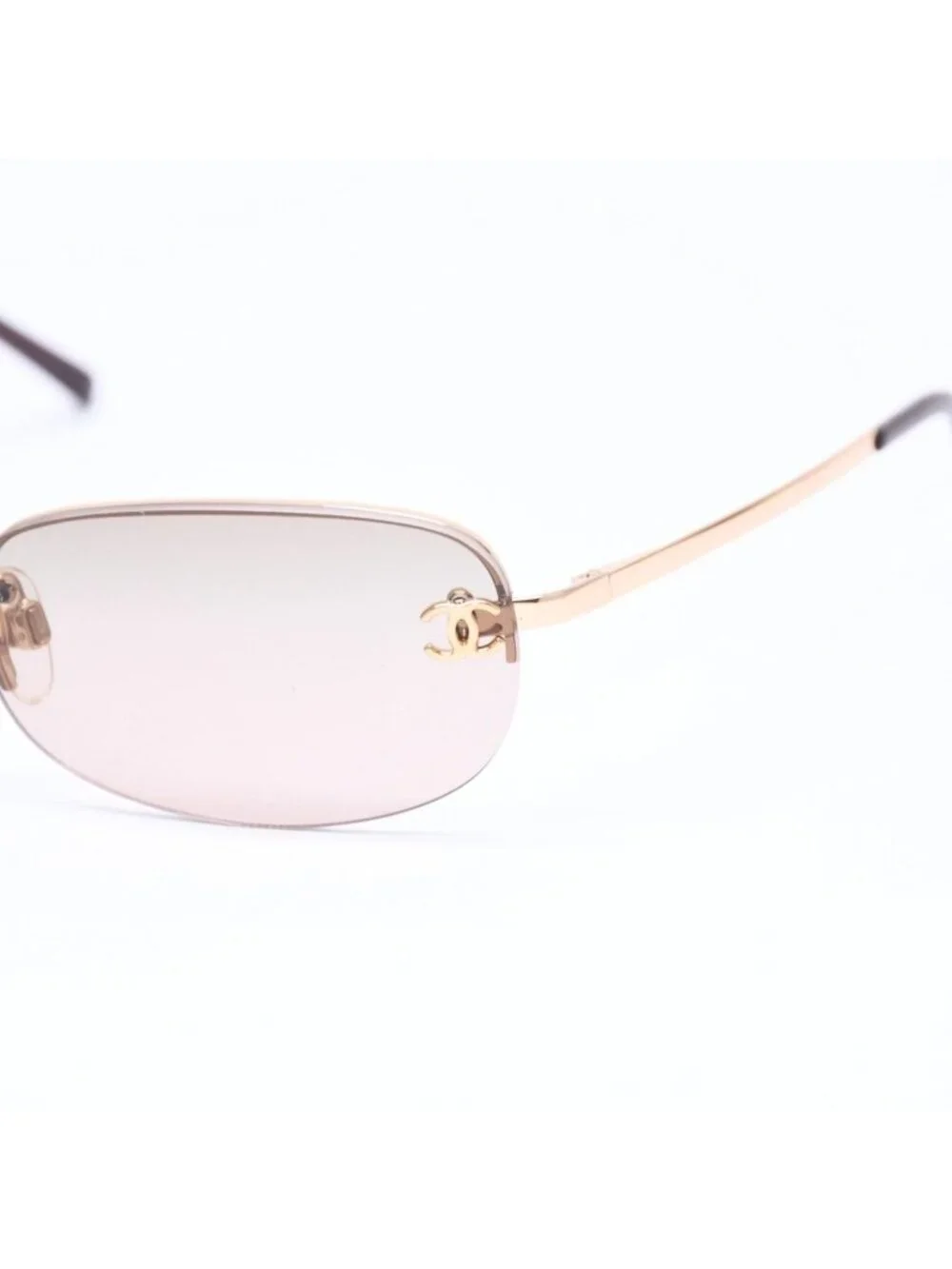 Chanel Rimless Sunglasses Side CC Logo Metal Brown Gold Eyewear
